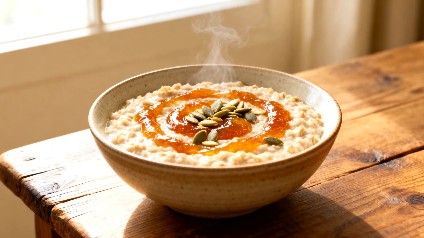 Hafer-Porridge mit Hagebuttenmus und Kürbiskernen"