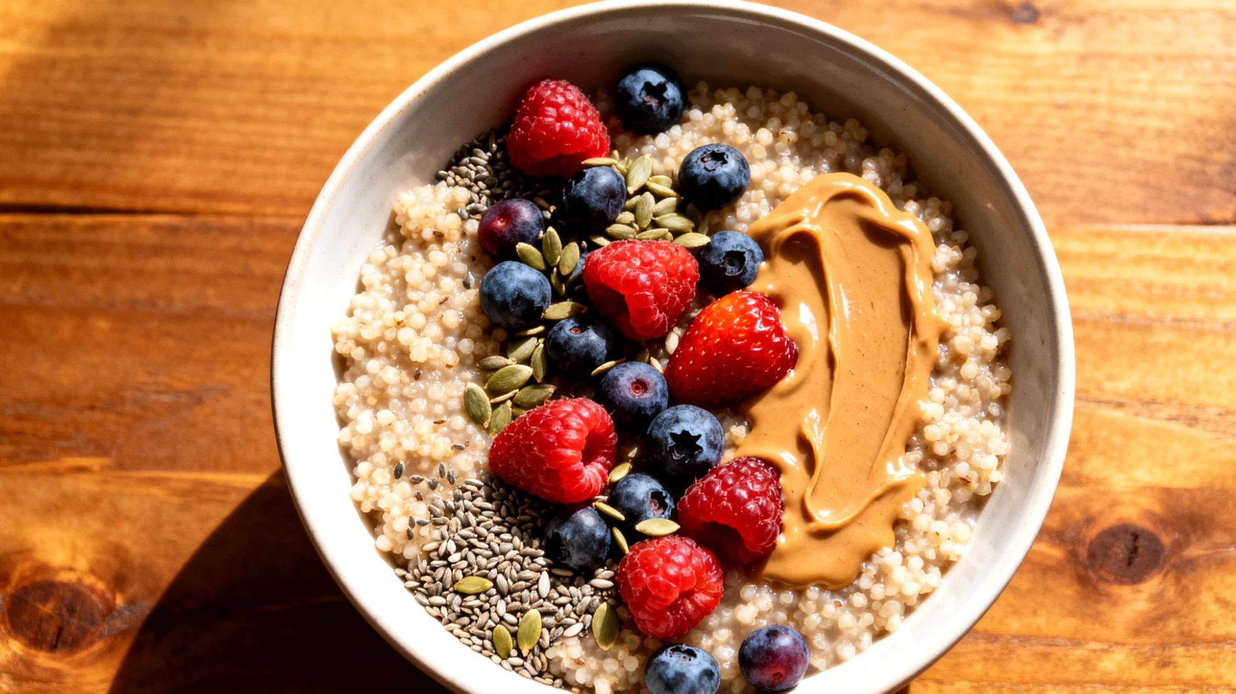 Amaranth-Beeren-Bowl mit Hanfsamen und Mandelbutter"