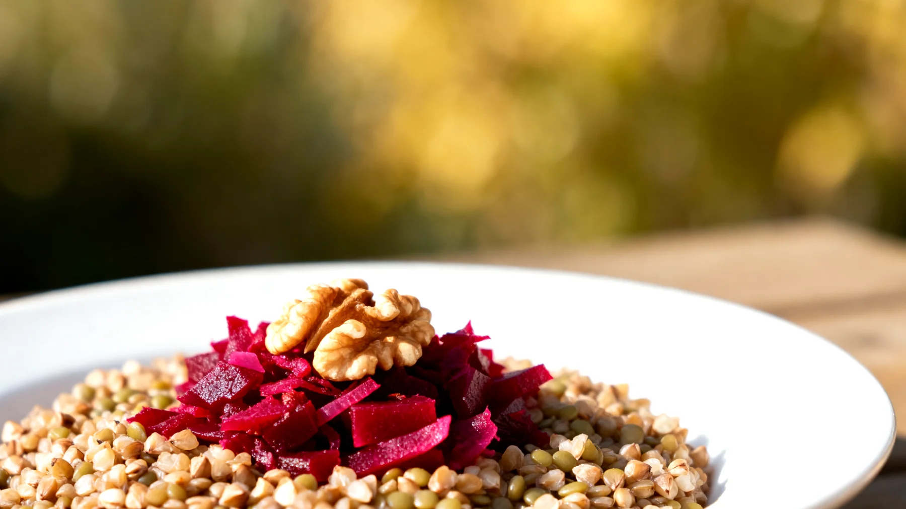 Buchweizen-Linsen-Bowl mit fermentierten Roten Beten und Walnüssen"