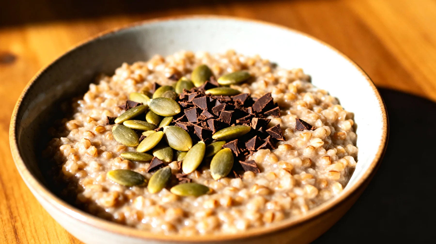 Buchweizen-Porridge mit Kürbiskernen und Kakao-Nibs"