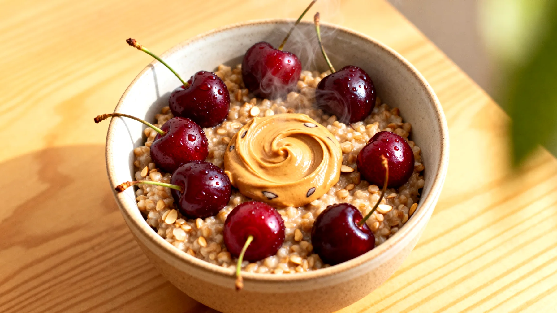 Buchweizen-Porridge mit Sauerkirschen und Mandelmus"