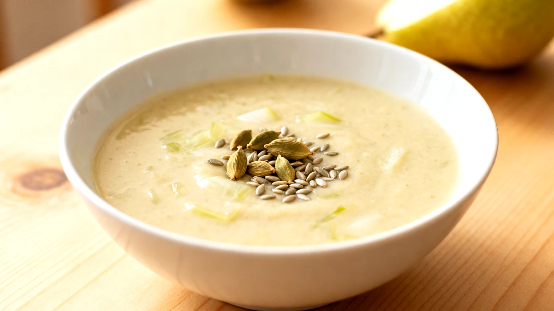 Fenchel-Birnen-Suppe mit Kardamom und Hanfsamen"