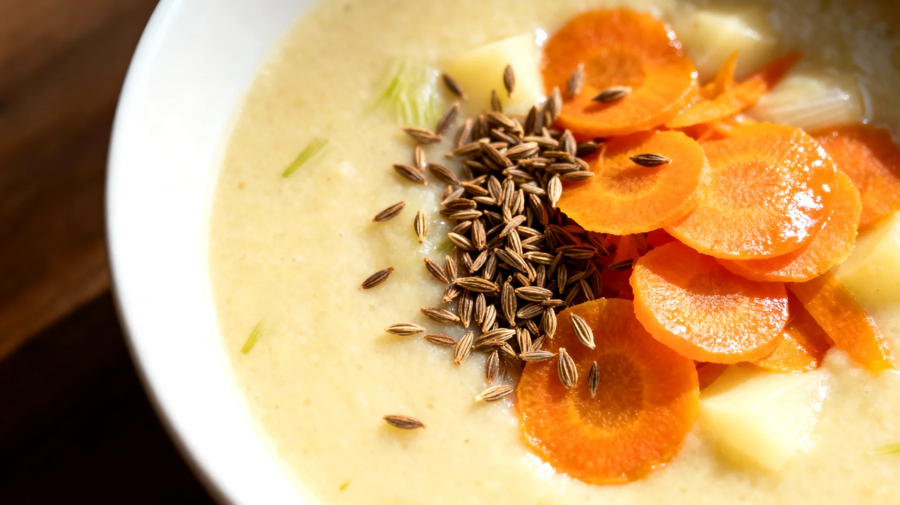 Fenchel-Kartoffel-Suppe mit Kümmel und fermentierten Karotten"