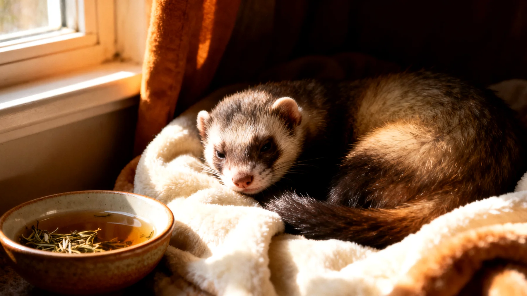 Frettchen zeigen nach der Kastration häufig Verhaltensänderungen und können unter postoperativem Stress leiden, was durch natürliche Beruhigungsmethoden wie spezielle Kräutertees oder beruhigende Umgebungsgestaltung gelindert werden kann"