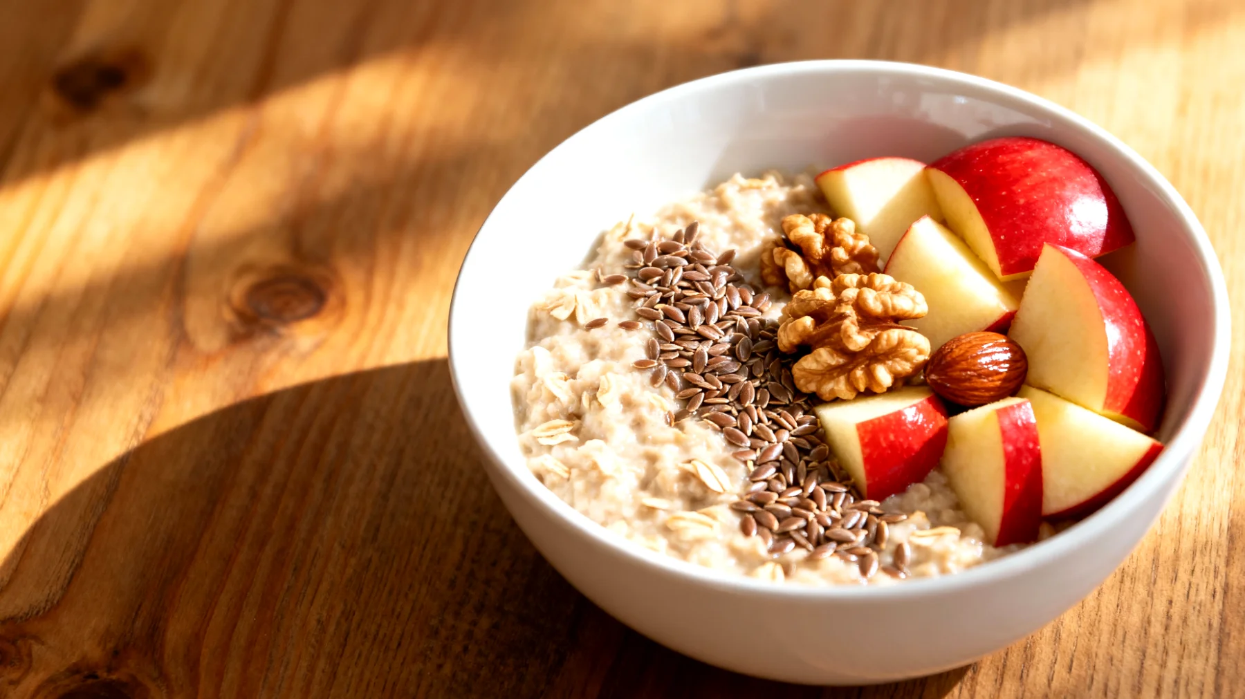Hafer-Porridge mit Leinsamen, Walnüssen und Apfelstücken"