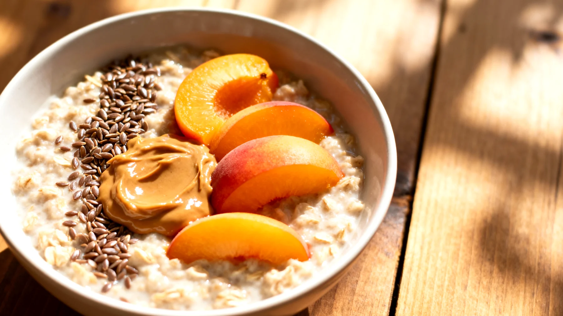 Hafer-Porridge mit Mandelmus, Leinsamen und Aprikosen"