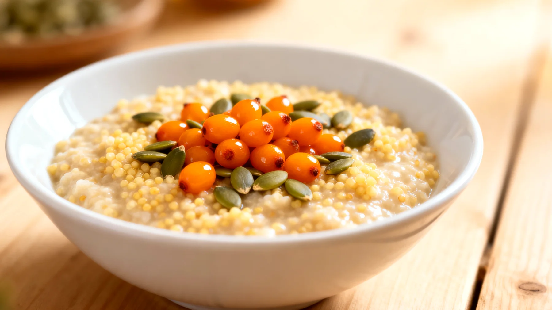 Hirse-Porridge mit Sanddornbeeren und Kürbiskernen"
