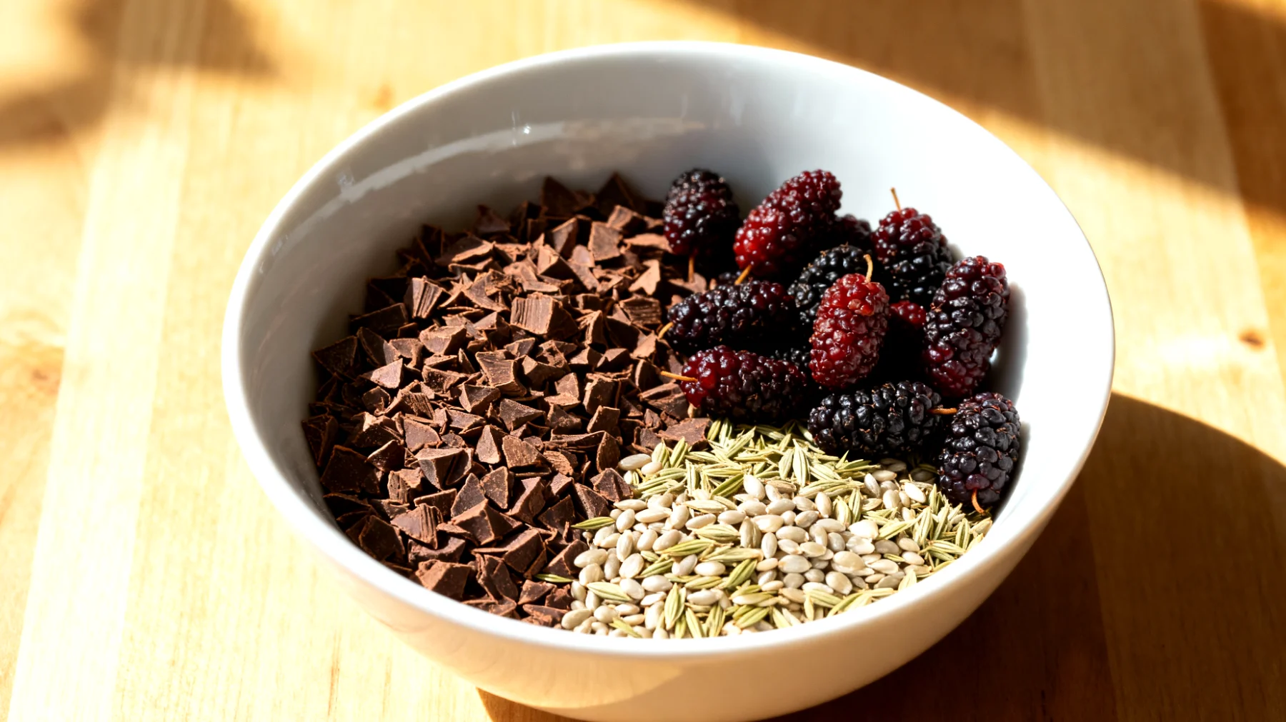 Kakaonibs mit Hanfsamen und getrockneten Maulbeeren"