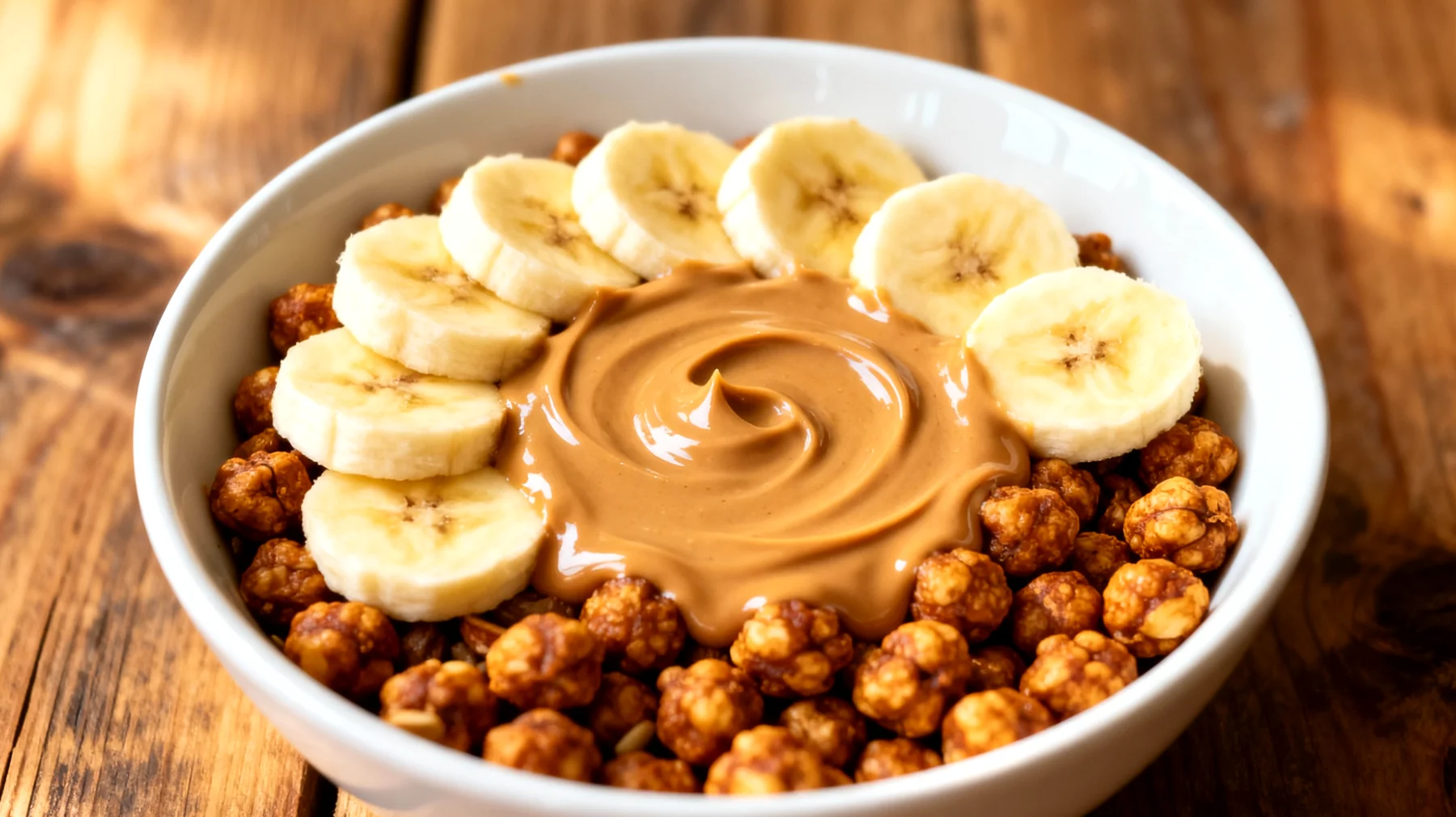 Makhana (geröstete Fuchsschwanzsamen) mit Mandelbutter und Banane"