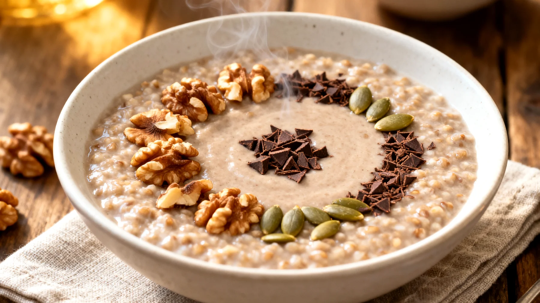 Walnuss-Buchweizen-Porridge mit Kakao-Nibs und Kürbiskernen"